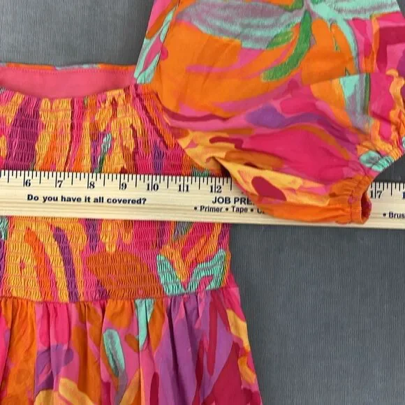 Crystal Sky Brush Pink Floral Tiered Puff Short Sleeve Cotton Midi Dress Size M - Picture 7 of 11